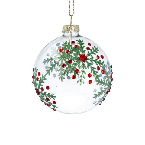 Glass Bauble with holly snowflakes