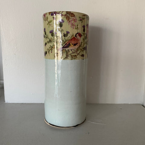 Medium Blue Bud Vase with birds  By Virginia Graham