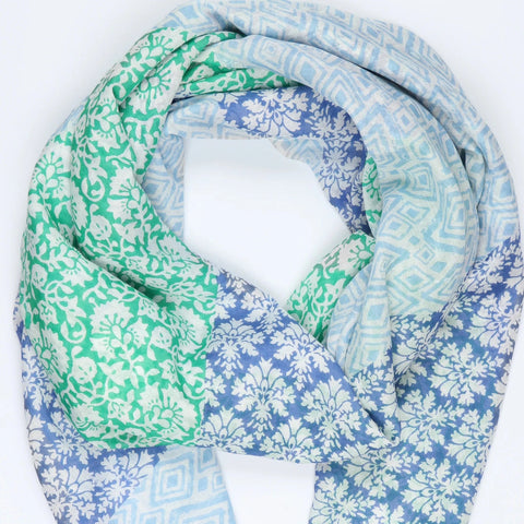 Mixed Floral Diamond Print Cotton Scarf in Blue and Green
