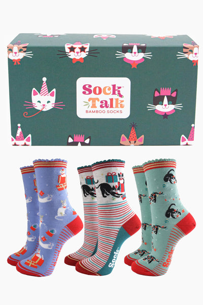 Ladies Box of 3 Socks - Christmas Cats