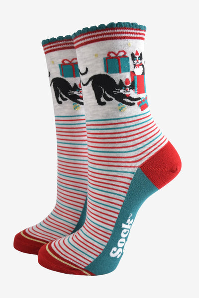 Ladies Box of 3 Socks - Christmas Cats