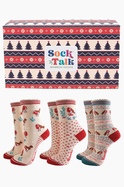 Ladies Box of 3 Socks - Christmas Robins