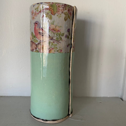 Medium Green Bud Vase with birds  By Virginia Graham