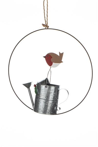 Robin on Watering Can -  Christmas Wreath