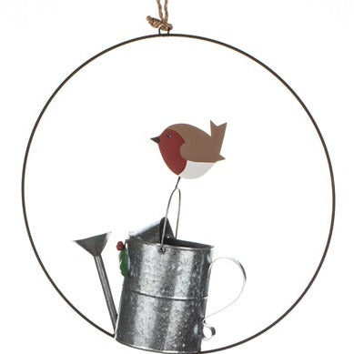 Robin on Watering Can -  Christmas Wreath