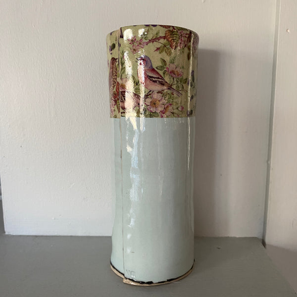 Large Blue Bud Vase with birds  By Virginia Graham