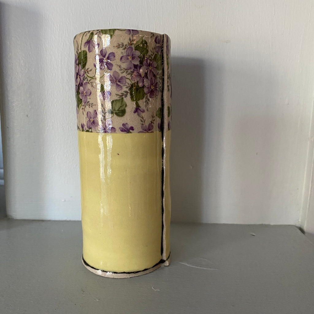 Medium Yellow Bud Vase with violets By Virginia Graham