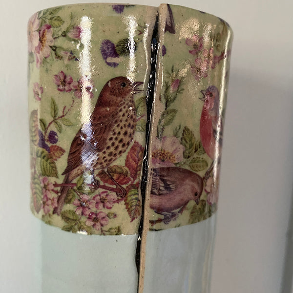 Large Blue Bud Vase with birds  By Virginia Graham