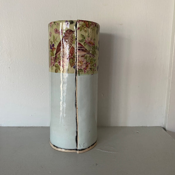 Medium Blue Bud Vase with birds  By Virginia Graham