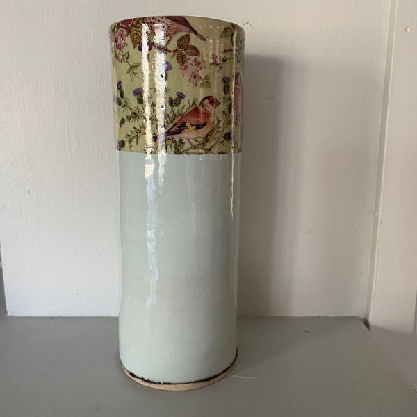 Large Blue Bud Vase with birds  By Virginia Graham