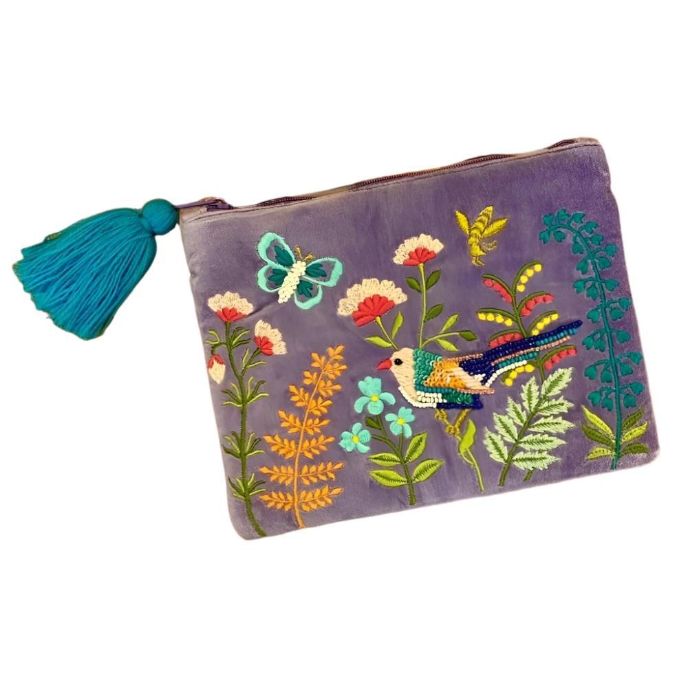 Lilac Flowers and Birds Purse with  tassel