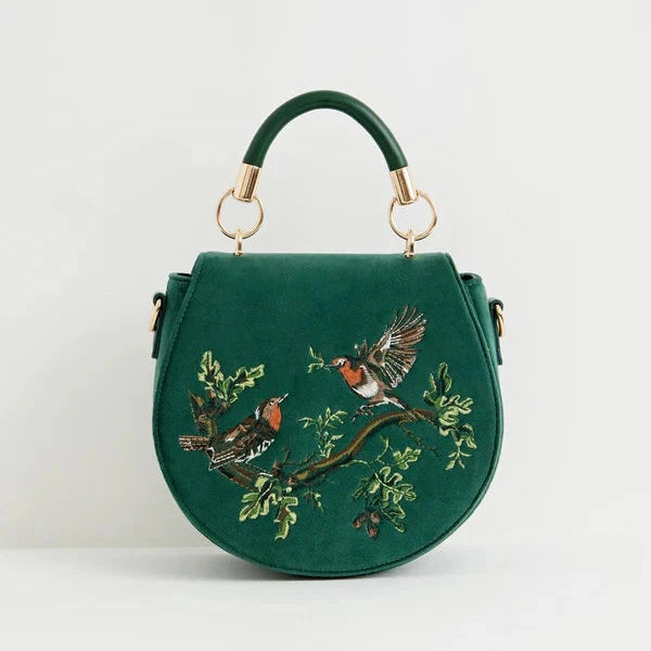 Robin Embroidered Green Velvet Saddle Bag