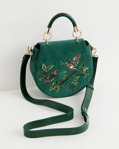 Robin Embroidered Green Velvet Saddle Bag