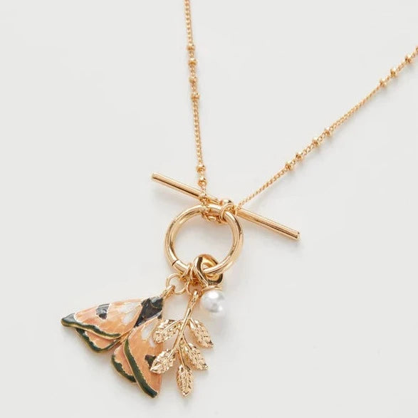 Enamel Moth and Leaf Charm Necklace