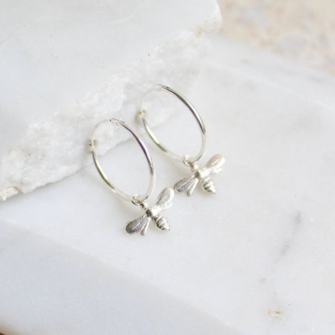 Silver bee hoop earrings